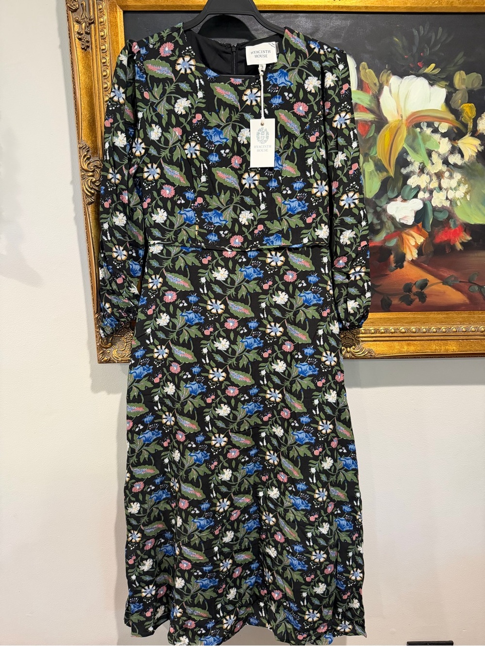 Long Sleeve Floral Midi Dress in Black with Blue & Pink Flowers